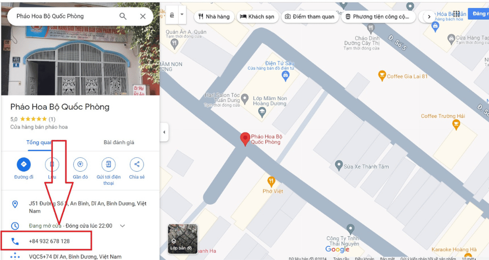 google map cửa hàng pháo hoa quốc phòng